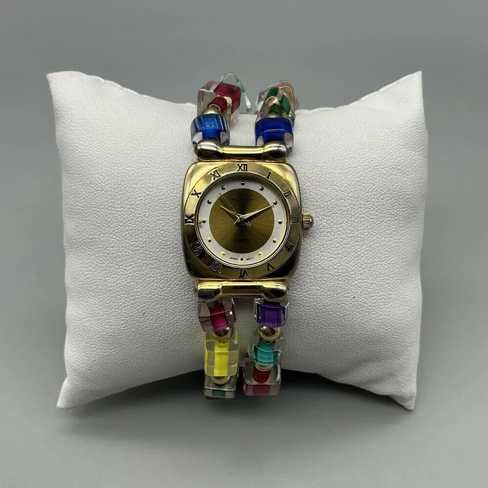 Infinity Womens Watch 24mm Gold Tone Multicolor Bead Bracelet New Battery 6.75
